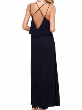 PINK MARTINI Navy Blue Flutter Trim Cross Back Strappy Lined Maxi Dress XS
